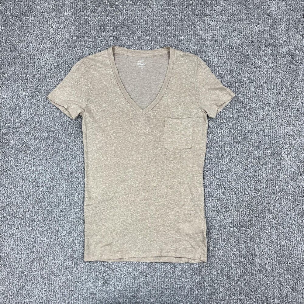 J Crew Shirt Womens XS Beige Linen V Neck Pocket Basic Capsule Summer Tee